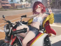 your girlfriend Onirania on a motorcycle, stuck in traffic