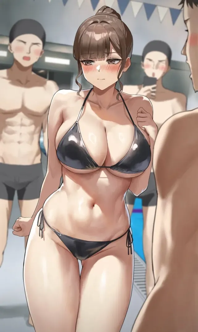 Your campus' sexy swimming coach lost a bet and has wear a revealing, sexy, two-piece swimsuit